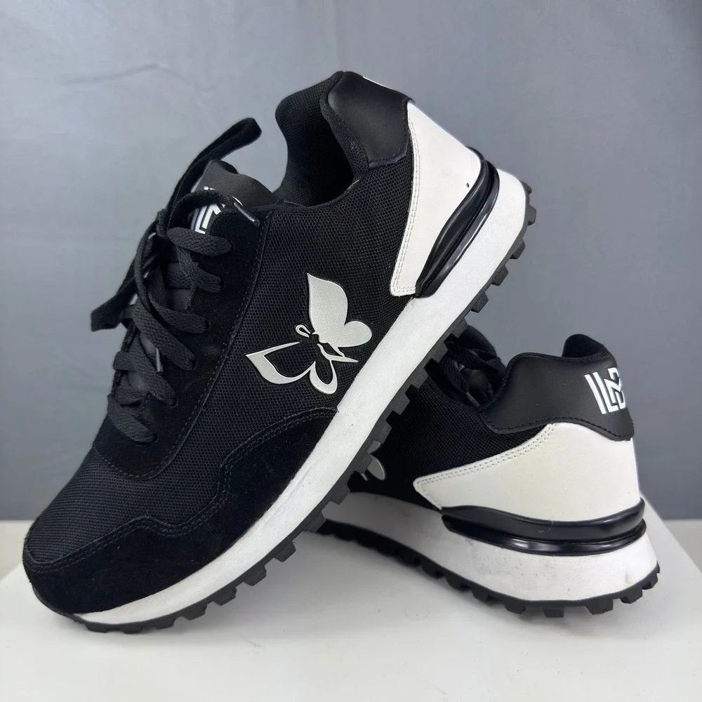 LDM Butterfly Sneakers Women 9.5 Black White Silver Mesh Suede Lug Sole Low Top